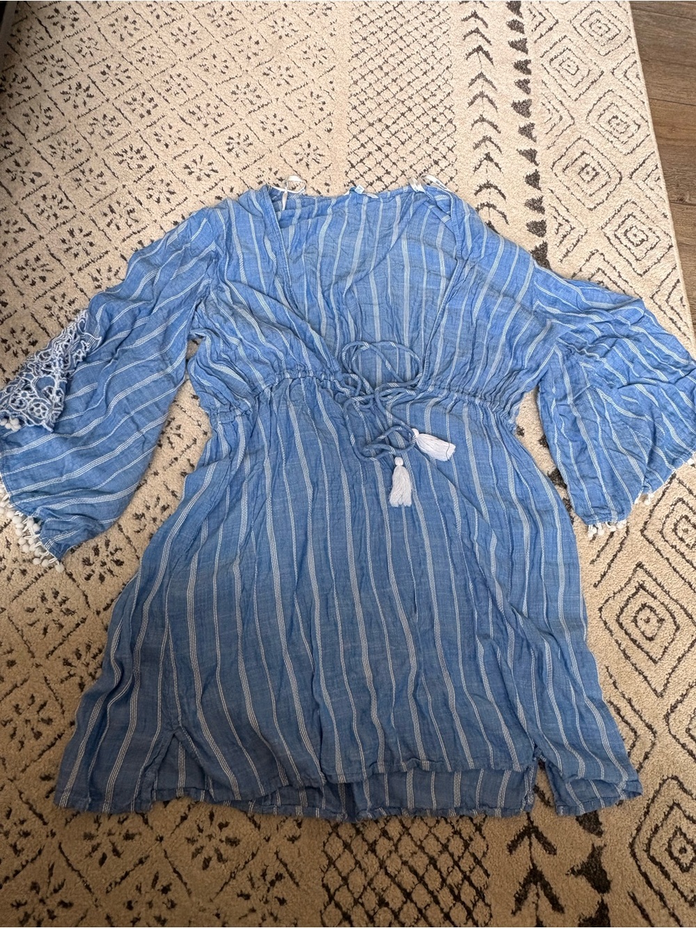 blue island Blue + White Striped Swim Coverup Tunic with Tassel Tie